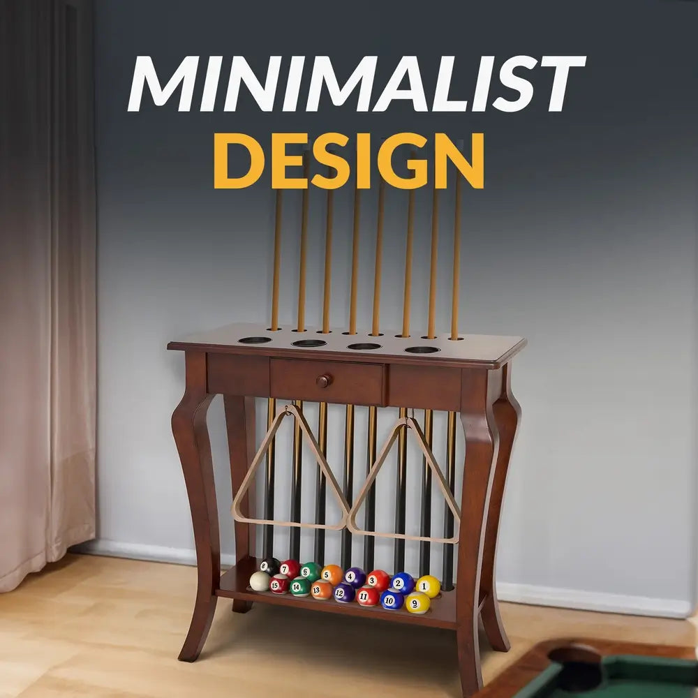Minimalist design of the Hathaway Deluxe Floor Cue Rack neatly holding cues, triangle racks, and a full ball set, adding elegant organization to a game room.