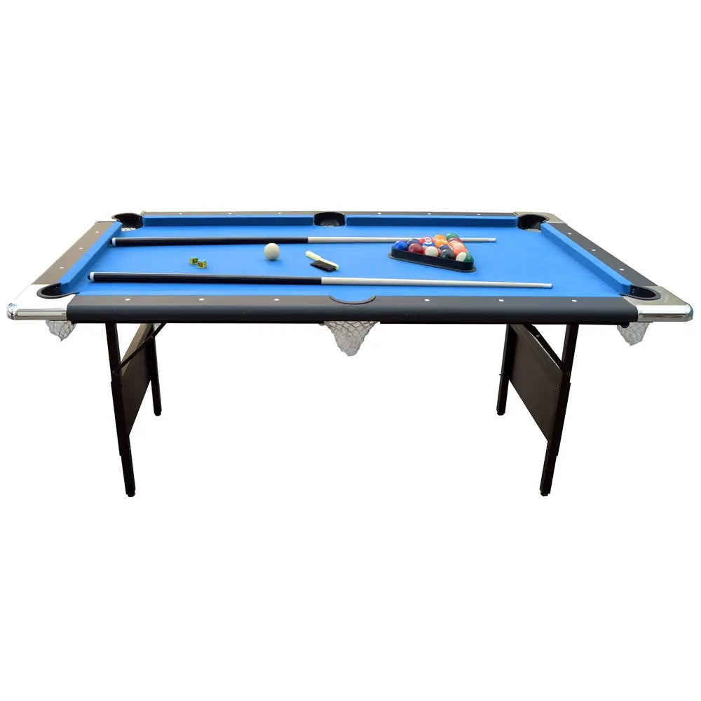 Side view of Hathaway Fairmont 6-ft Pool Table with blue felt surface, included accessories, foldable legs, and mesh drop pockets.