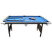 Side view of Hathaway Fairmont 6-ft Pool Table with blue felt surface, included accessories, foldable legs, and mesh drop pockets.