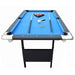 End-on perspective of Hathaway Fairmont 6-ft Portable Pool Table featuring blue felt, accessories laid out, and compact foldable frame.