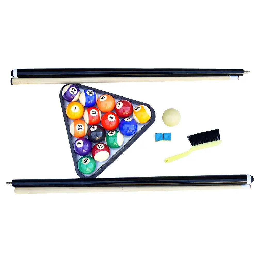 Accessories included with Hathaway Fairmont 6-ft Portable Pool Table: two-piece pool cues, billiard balls in a triangle rack, cue chalk, table brush, and a cue ball.