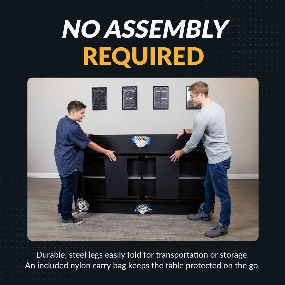 Two people folding the Hathaway Fairmont 6-ft Pool Table for storage, showcasing its no-assembly design with pre-attached foldable steel legs.