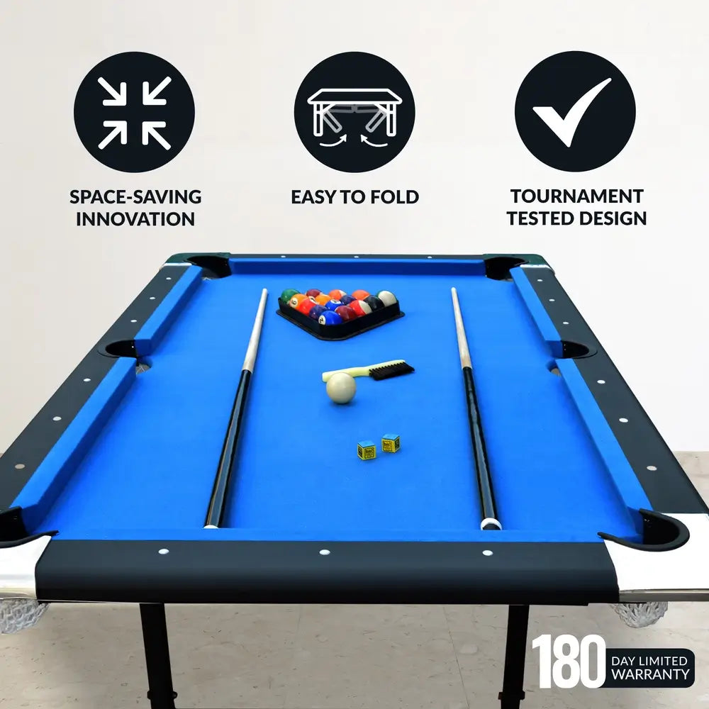 Hathaway Fairmont 6-ft Portable Pool Table highlighted for space-saving innovation, easy folding, and tournament-tested design, with accessories on the blue felt surface.