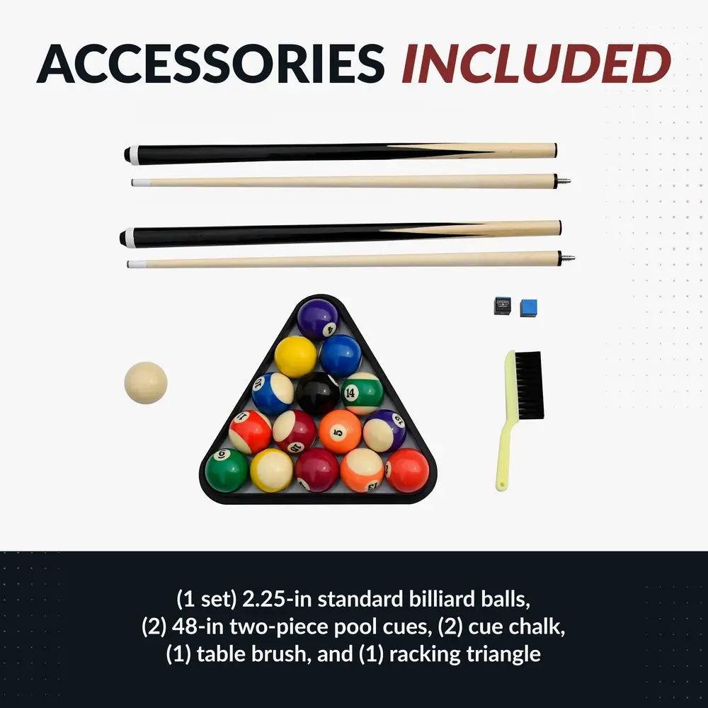 Accessories included with Hathaway Fairmont 6-ft Pool Table: full set of 2.25-inch billiard balls, two 48-inch two-piece cues, cue chalk, table brush, and black triangle rack.