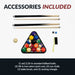 Accessories included with Hathaway Fairmont 6-ft Pool Table: full set of 2.25-inch billiard balls, two 48-inch two-piece cues, cue chalk, table brush, and black triangle rack.