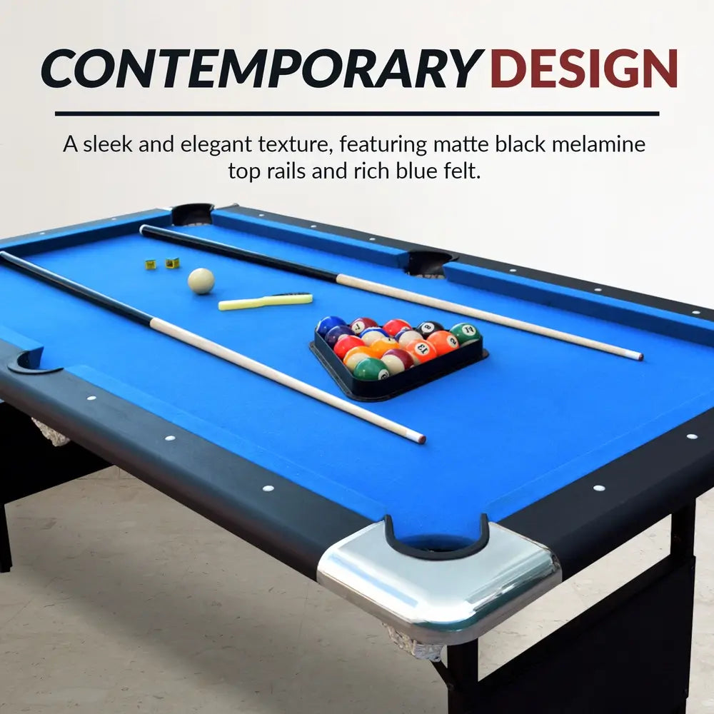Hathaway Fairmont 6-ft Portable Pool Table featuring sleek matte black melamine rails, vibrant blue felt, and a complete accessory set arranged on the tabletop for modern game room appeal.