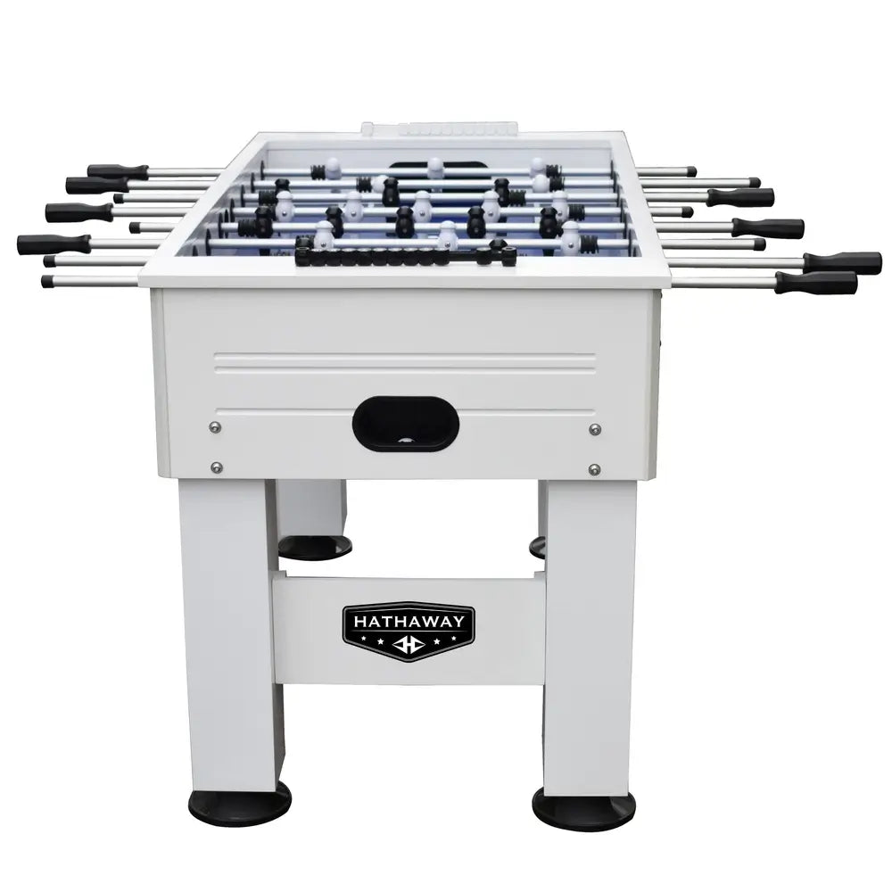 Hathaway white foosball table with black ergonomic handles and blue playfield, designed with a modern square-leg frame and black ball return slot.