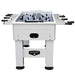 Hathaway white foosball table with black ergonomic handles and blue playfield, designed with a modern square-leg frame and black ball return slot.