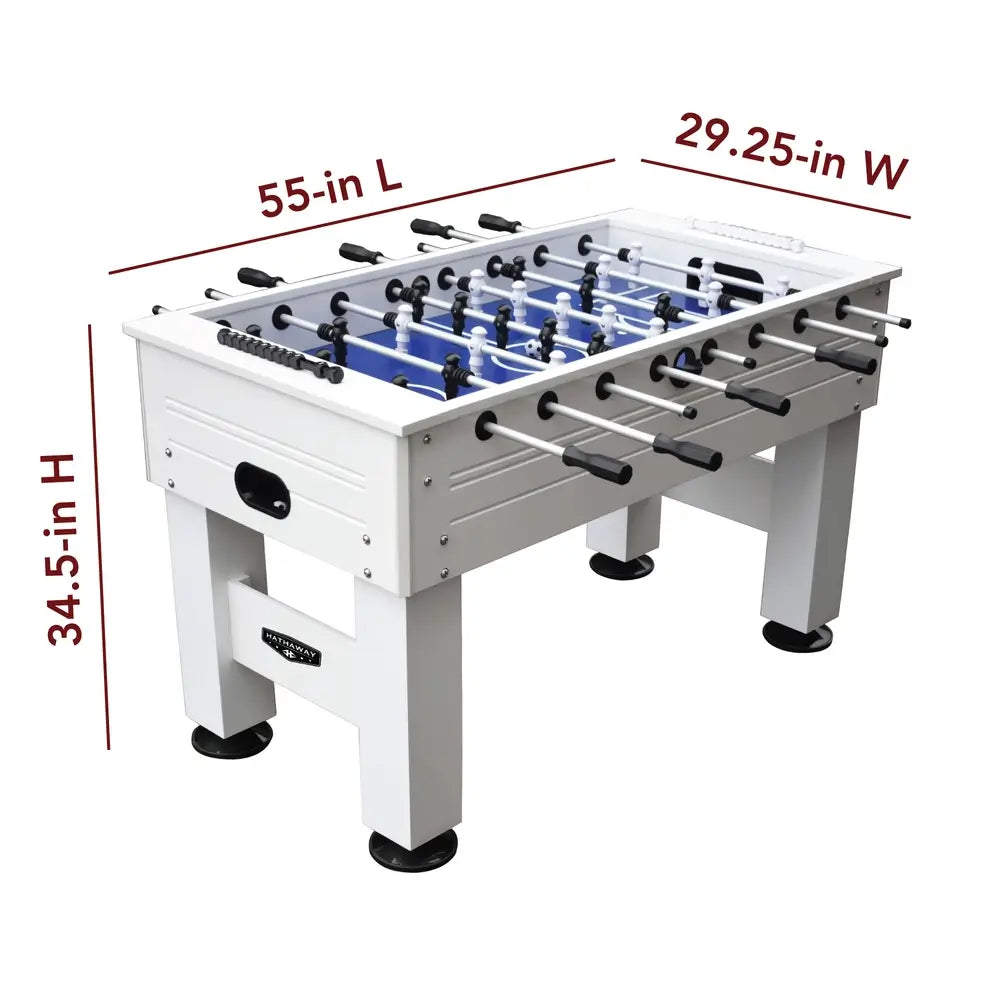 Foosball table dimension guide showing 55 inches in length, 29.25 inches in width, and 34.5 inches in height, with black handles and blue playfield.