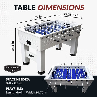 Infographic showing foosball table dimensions (55 x 29.25 x 34.5 in) and playfield size (46 x 26.75 in), recommending 8 x 8.5 ft space for setup.