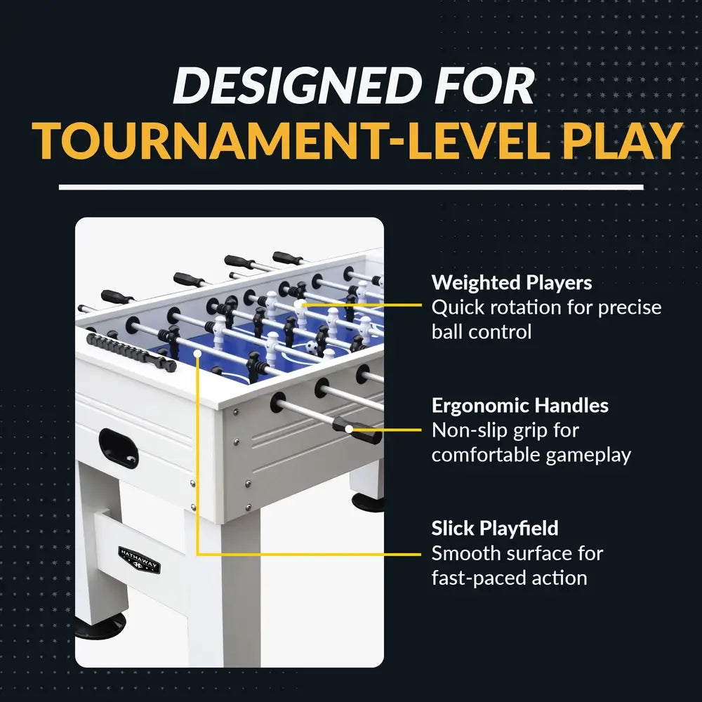 Foosball table graphic highlighting tournament-grade components including weighted players, ergonomic handles, and slick playfield for fast-paced action.