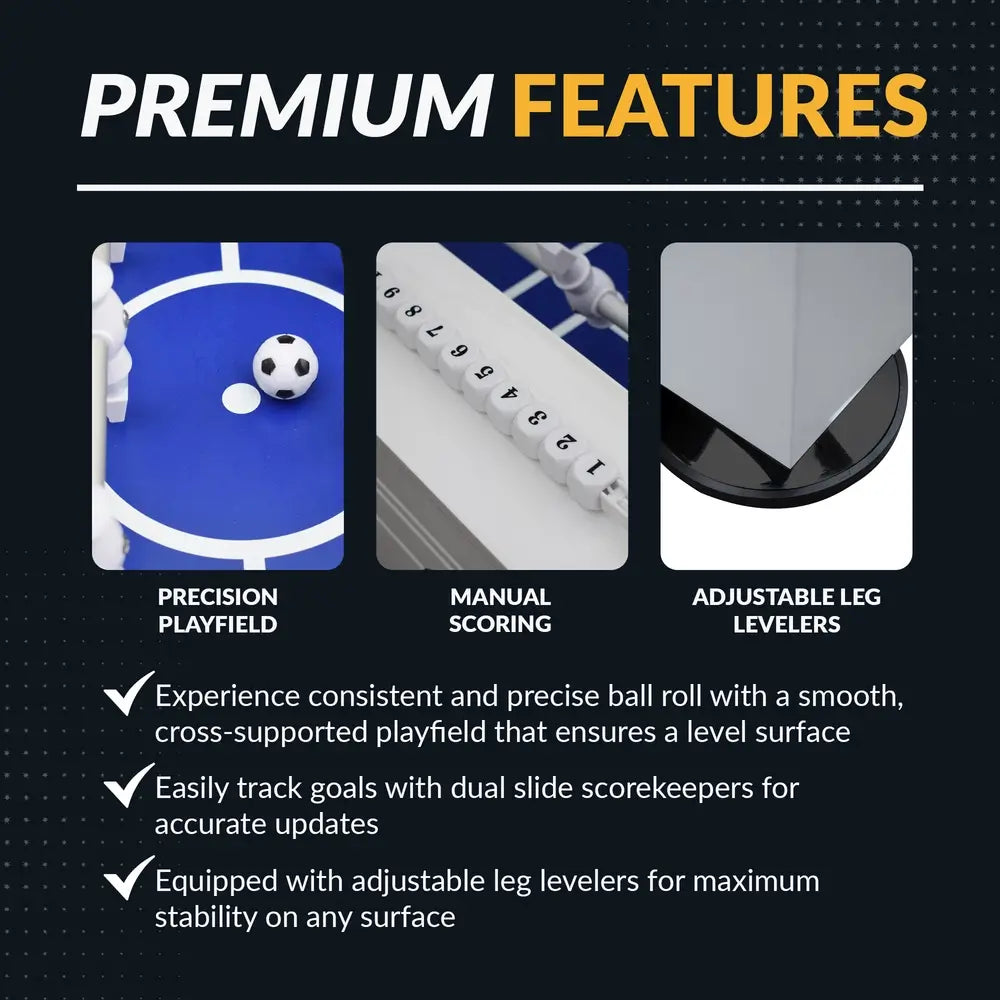 Feature highlights including precision blue playfield, manual sliding score system, and adjustable leg levelers for stable gameplay on uneven surfaces.