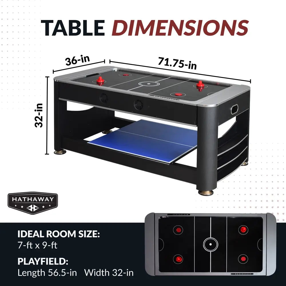 Multi-game table dimensions graphic—measuring 71.75 inches long, 36 inches wide, and 32 inches tall—with playfield dimensions of 56.5 by 32 inches; ideal room size 7 ft by 9 ft.