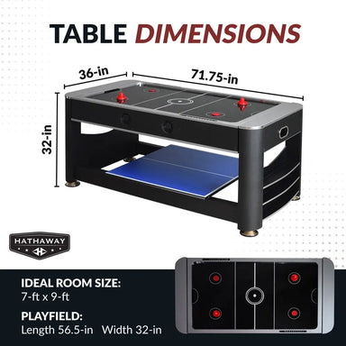 Multi-game table dimensions graphic—measuring 71.75 inches long, 36 inches wide, and 32 inches tall—with playfield dimensions of 56.5 by 32 inches; ideal room size 7 ft by 9 ft.
