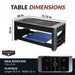 Multi-game table dimensions graphic—measuring 71.75 inches long, 36 inches wide, and 32 inches tall—with playfield dimensions of 56.5 by 32 inches; ideal room size 7 ft by 9 ft.