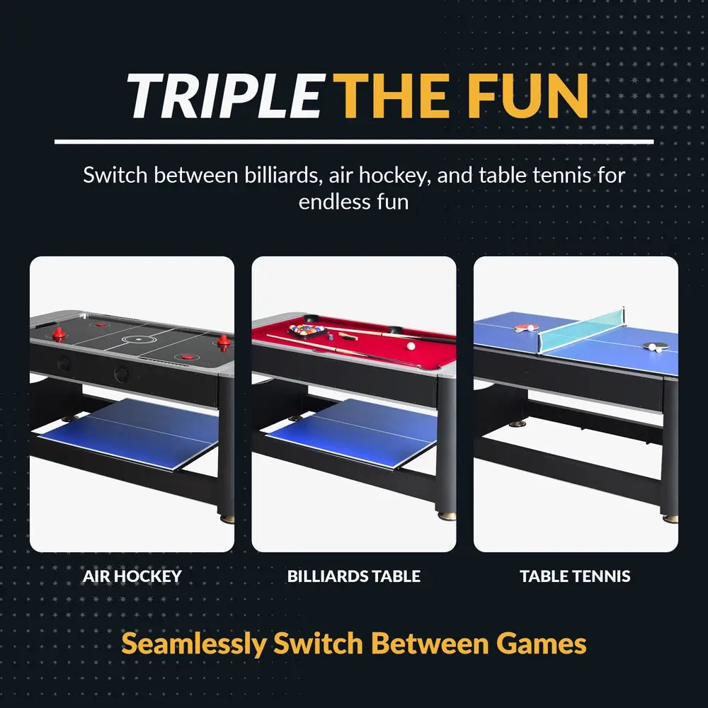 Three-in-one game table in air hockey, billiards, and table tennis configurations, showcasing its ability to seamlessly switch between game modes for versatile entertainment.