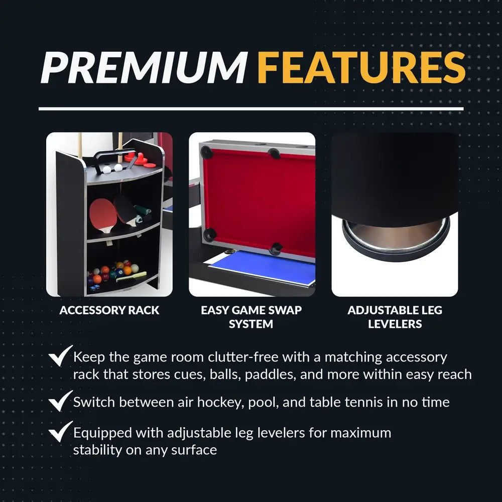 Feature highlights of multi-game table including a storage rack for accessories, an easy game swap system, and adjustable leg levelers for stability on any surface.