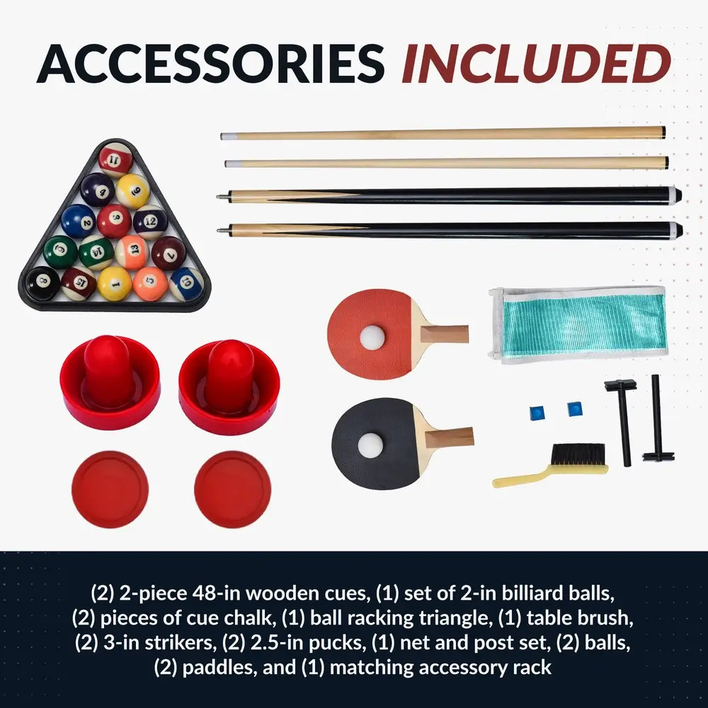 Game accessory set for multi-game table including 2 pool cues, billiard balls, ping pong paddles, net, chalk, air hockey strikers, pucks, cue rack, and table brush.