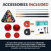 Game accessory set for multi-game table including 2 pool cues, billiard balls, ping pong paddles, net, chalk, air hockey strikers, pucks, cue rack, and table brush.