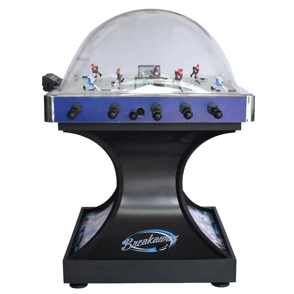 Side view of the Breakaway Bubble Hockey Table showing 'Breakaway' logo, enclosed playfield with red and blue teams, and eight chrome control rods for multiplayer action.