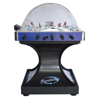 Side view of the Breakaway Bubble Hockey Table showing 'Breakaway' logo, enclosed playfield with red and blue teams, and eight chrome control rods for multiplayer action.