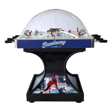 Front view of the Breakaway Dome Hockey Table with clear polycarbonate dome, dual-player controls, and red vs. blue hockey figures inside the arcade-style game.