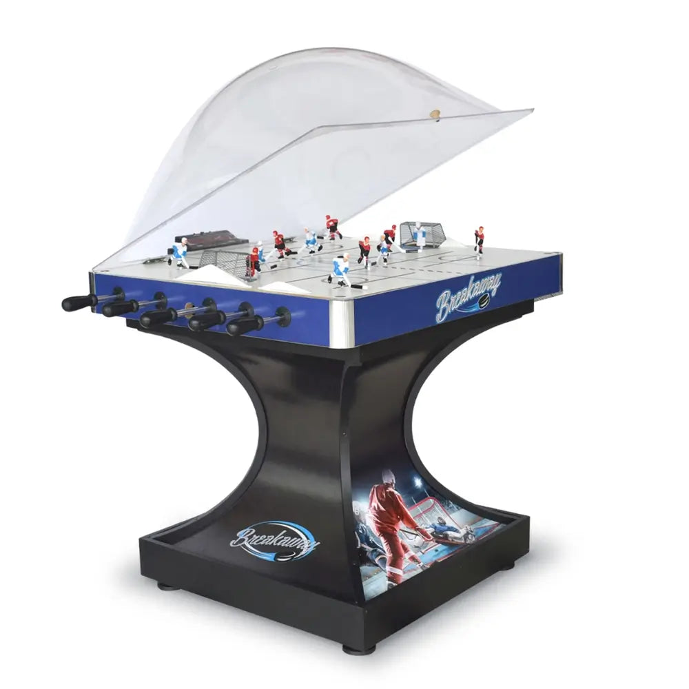 Hathaway Breakaway dome hockey table with polycarbonate dome swung open, showing chrome rods, hand-painted ABS players, and high-gloss rink playfield