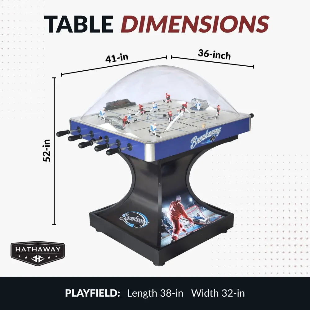 Breakaway Bubble Hockey Table with labeled dimensions: 52 inches tall, 41 inches wide, and 36 inches deep; playfield dimensions 38 inches by 32 inches.