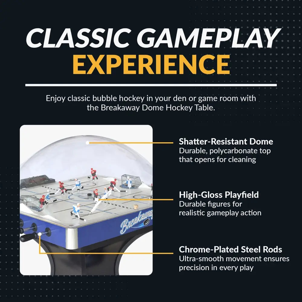 Feature highlights of Breakaway Dome Hockey Table including shatter-resistant dome, high-gloss playfield, and chrome-plated steel rods for smooth, realistic gameplay.