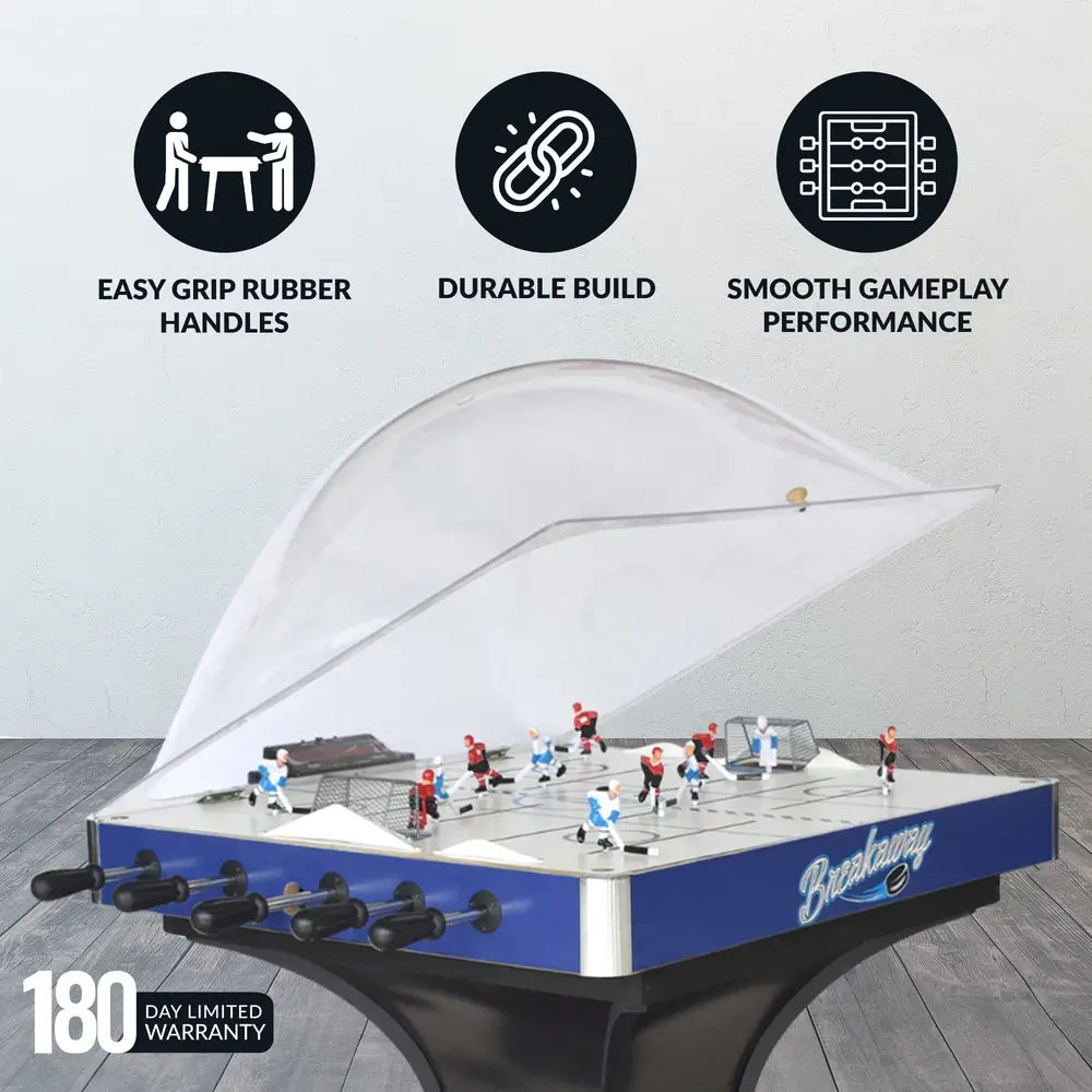 Breakaway bubble hockey table open for cleaning, with icons showing easy grip rubber handles, durable build, and smooth gameplay performance; 180-day limited warranty.
