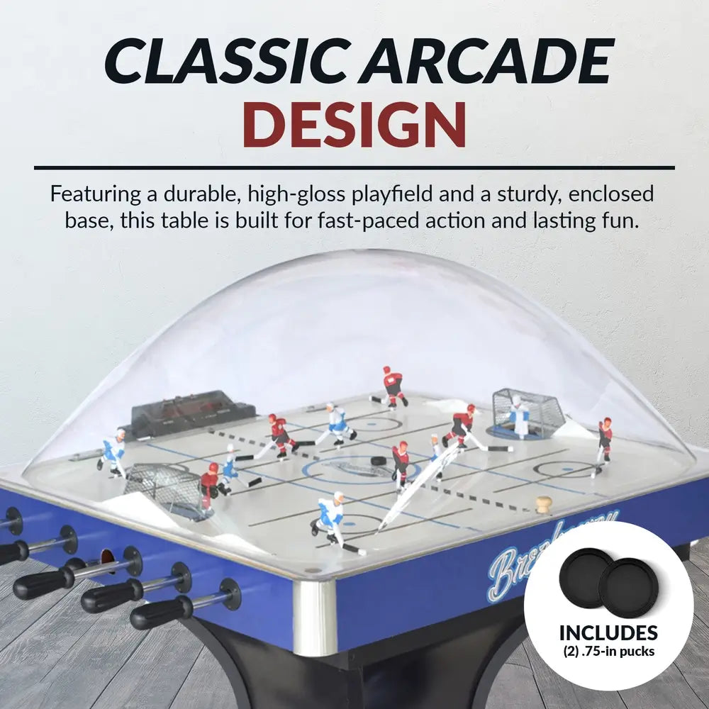 Classic arcade-style design of the Breakaway Dome Hockey Table with durable build, high-gloss playfield, enclosed cabinet, and includes two 2.75-inch game pucks.