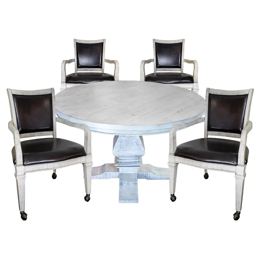 <h2>Hathaway Montecito – Driftwood 2-in-1 Poker & Dining Table Set</h2>
<p>The Hathaway Montecito 2-in-1 Poker Table Set delivers style, comfort, and versatility in one elegant package. A 48-inch square pedestal table finished in driftwood veneer transforms from a dining table to a felt-lined poker surface with a simple flip of the top. The padded black felt playfield features built-in chip slots and drink holders for up to eight players. Four matching armchairs, upholstered in stain-resistant fabric with s