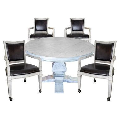 <h2>Hathaway Montecito – Driftwood 2-in-1 Poker & Dining Table Set</h2>
<p>The Hathaway Montecito 2-in-1 Poker Table Set delivers style, comfort, and versatility in one elegant package. A 48-inch square pedestal table finished in driftwood veneer transforms from a dining table to a felt-lined poker surface with a simple flip of the top. The padded black felt playfield features built-in chip slots and drink holders for up to eight players. Four matching armchairs, upholstered in stain-resistant fabric with s