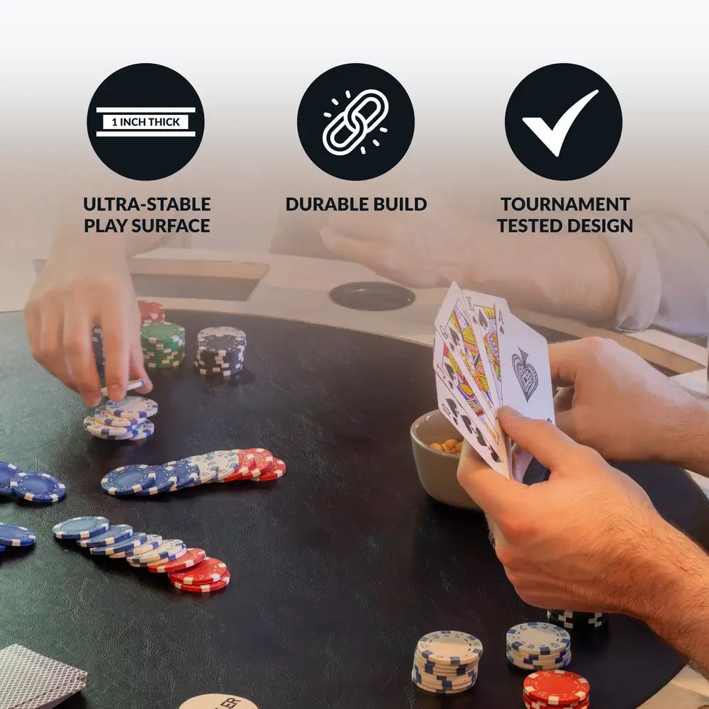 Players handling cards and poker chips on 1-inch thick black faux leather surface of Hathaway game table, designed for ultra-stable tournament play.