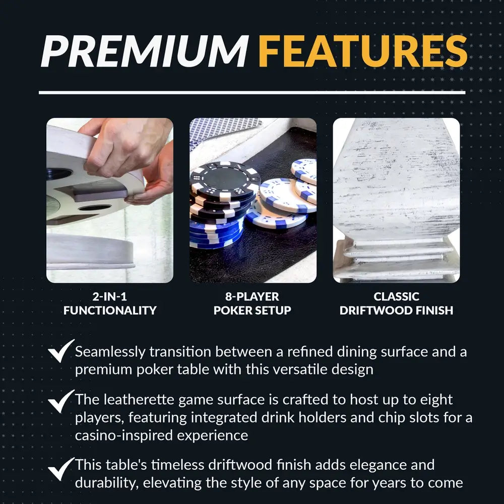 Premium features of Hathaway convertible poker table include reversible 2-in-1 top, 8-player chip and drink holders, and distressed driftwood pedestal base.