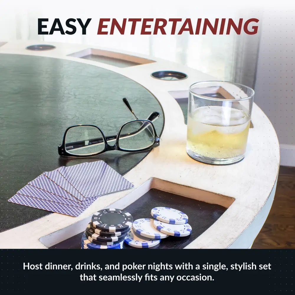 Close-up of Hathaway poker table's black leatherette playing surface with cards, chips, glasses, and built-in drink holders, designed for easy entertaining.