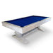 Angled product view of the Montecito 8‑ft pool table in distressed driftwood finish and navy blue felt, showcasing its elegant dual pedestal base.