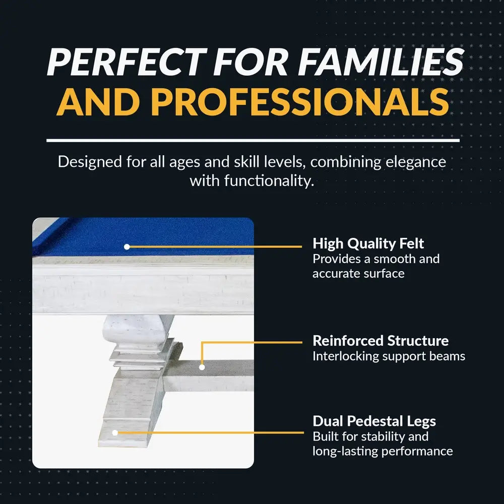 Infographic detailing the Hathaway Montecito pool table’s benefits for families and professionals, including high-quality felt, reinforced structure with support beams, and dual pedestal legs for durability.