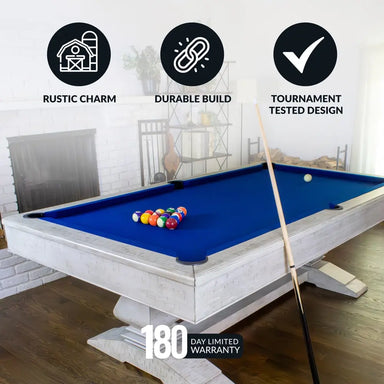 Hathaway Montecito  pool table in a rustic-themed game room with blue felt surface, triangular rack of billiard balls, fireplace, and modern farmhouse décor. 180-day limited warranty shown.