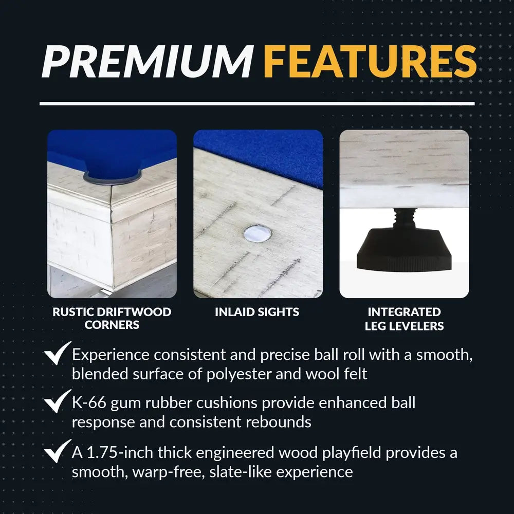 Infographic highlighting premium features of the Hathaway Montecito  pool table, including rustic driftwood corners, inlaid sights, integrated leg levelers, and smooth polyester-wool blend felt surface.