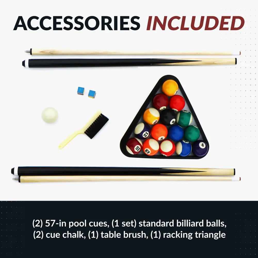 Accessories included with the Hathaway Montecito  pool table: two 57-inch pool cues, full set of billiard balls, cue chalk, table brush, and black triangle rack displayed on a white background.