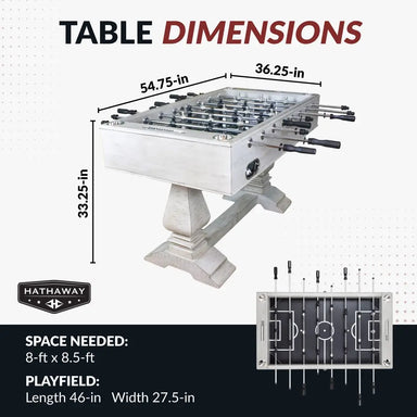 Foosball table dimensions chart with measurements: 54.75 inches long, 36.25 inches wide, and 33.25 inches high, requiring 8x8.5 ft space with 46x27.5 in playfield.