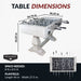 Foosball table dimensions chart with measurements: 54.75 inches long, 36.25 inches wide, and 33.25 inches high, requiring 8x8.5 ft space with 46x27.5 in playfield.