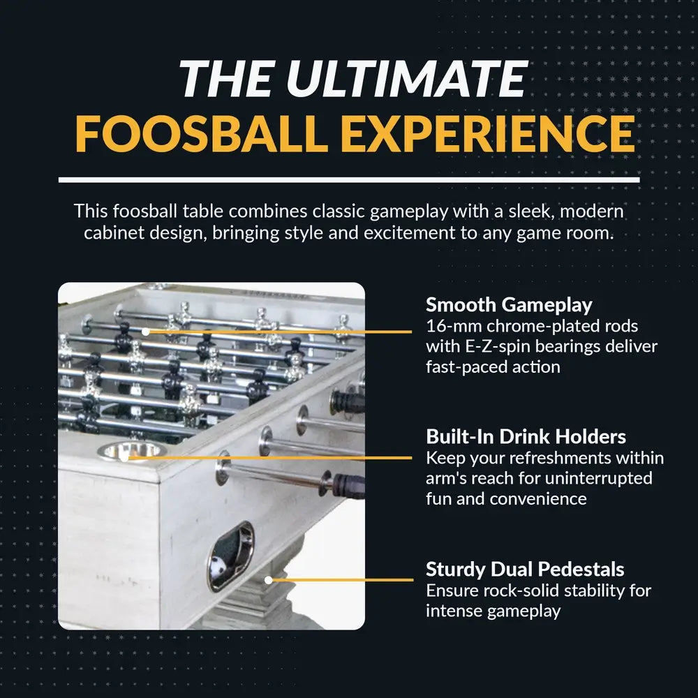 Highlight graphic of farmhouse foosball table showing chrome-plated rods with E-Z spin bearings, built-in drink holders, and sturdy pedestal base for smooth gameplay.