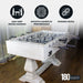 Foosball table with icon overlays for easy-grip wood handles, durable build, and smooth gameplay, shown with 180-day limited warranty badge.
