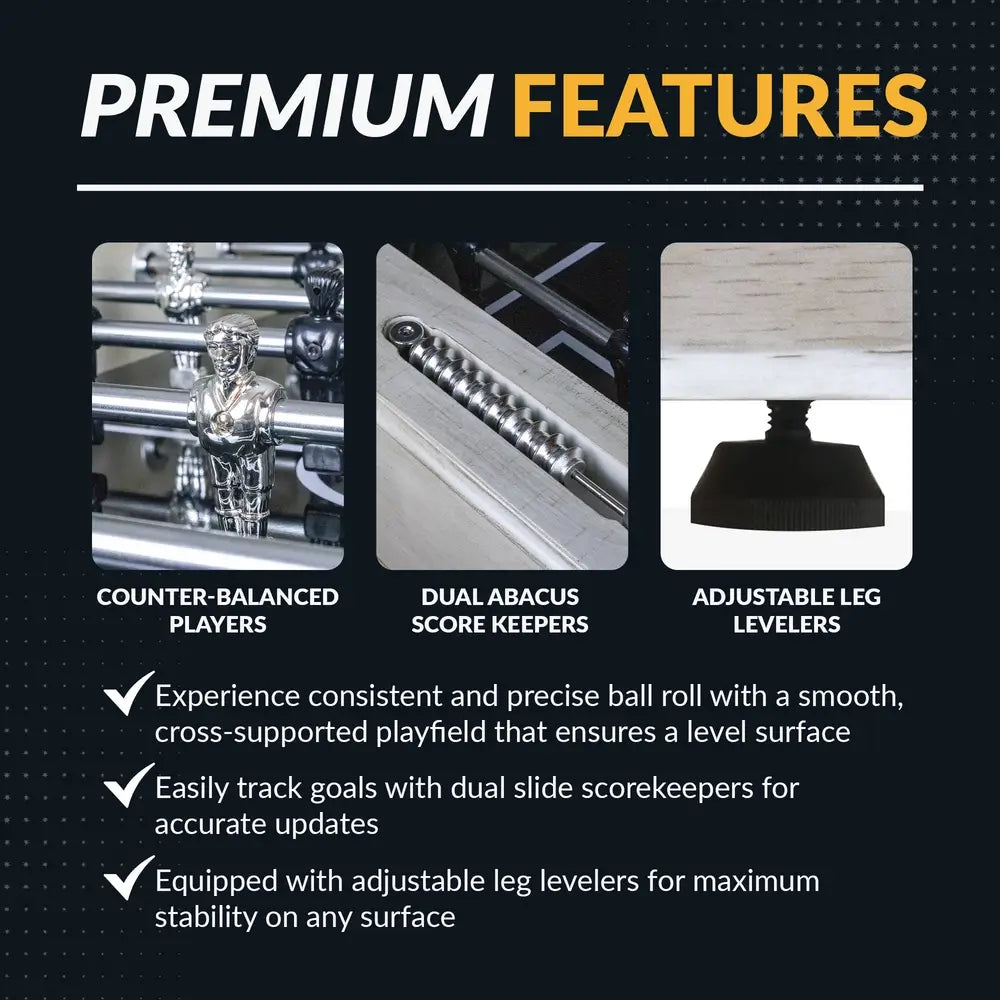 Foosball table features graphic with close-ups of counter-balanced players, dual abacus score keepers, and adjustable leg levelers for enhanced gameplay performance.