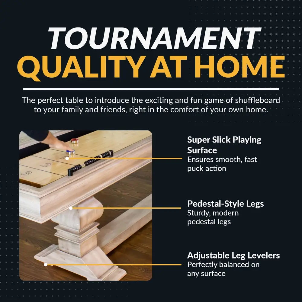 Close-up of Hathaway Montecito 12-ft Shuffleboard Table – Driftwood highlighting tournament-quality features including a slick playing surface, pedestal legs, and adjustable leg levelers for balance on uneven floors.