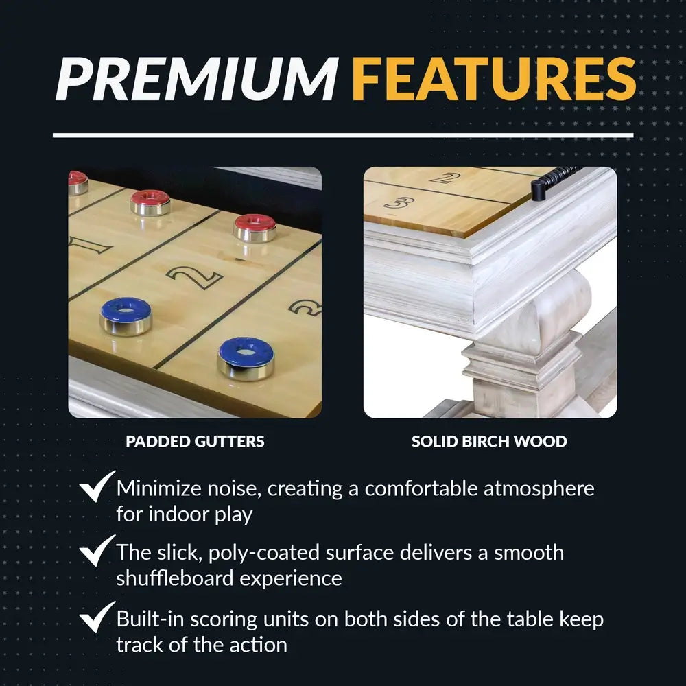 Detailed shots of Hathaway Montecito 12-ft Shuffleboard Table – Driftwood showcasing padded gutters for noise reduction and solid birch wood build with a poly-coated playfield for smooth gameplay.