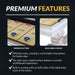 Detailed shots of Hathaway Montecito 12-ft Shuffleboard Table – Driftwood showcasing padded gutters for noise reduction and solid birch wood build with a poly-coated playfield for smooth gameplay.