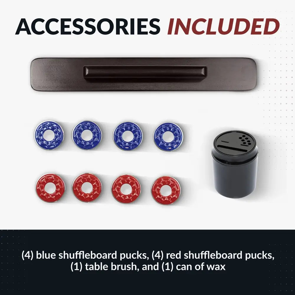 Included accessories with Hathaway Montecito 12-ft Shuffleboard Table – Driftwood: four red and four blue pucks, one table brush, and one can of shuffleboard wax.